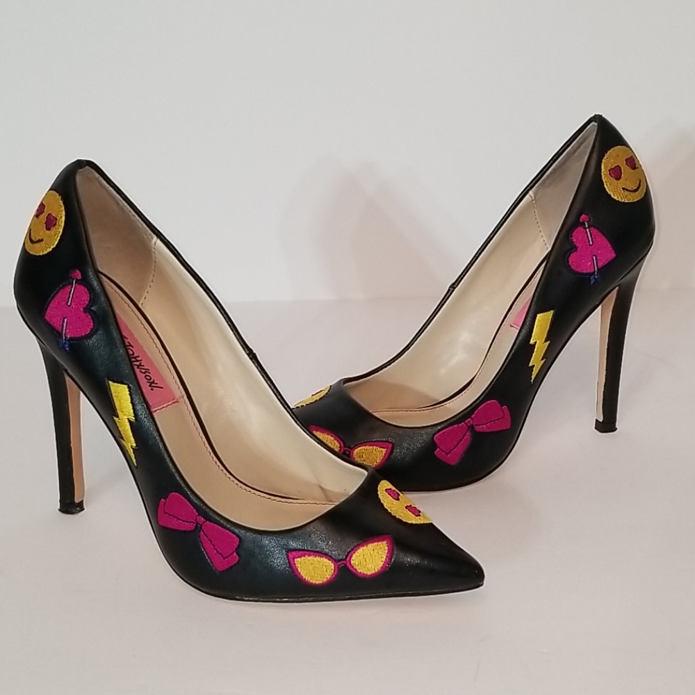 Betsey Johnson Black Heels with Pink and Yellow Accents - Picture 1 of 10